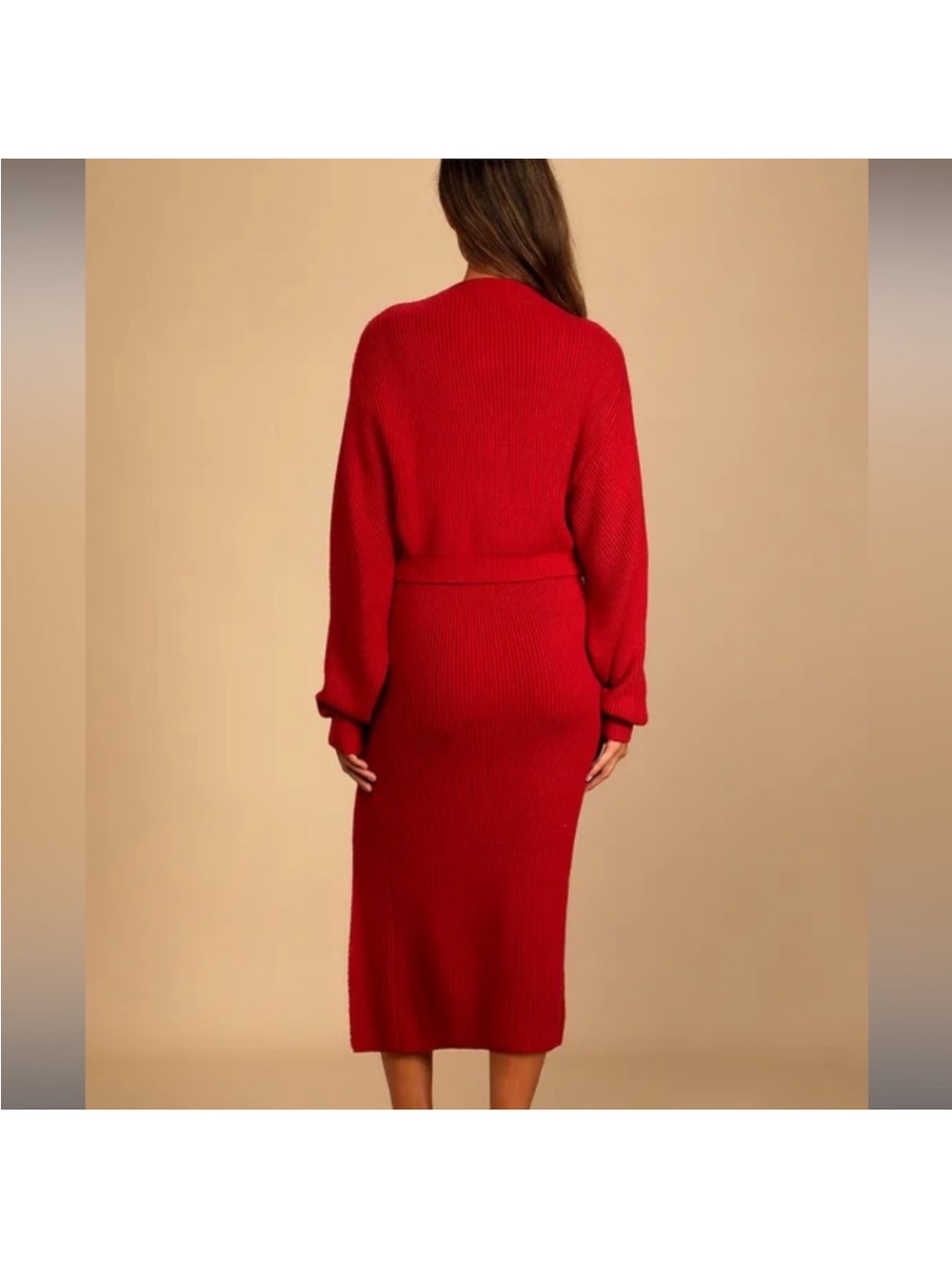Lulu's Red Ribbed Midi Skirt with Front Slit. Skirt L, tops M - Picture 6 of 11
